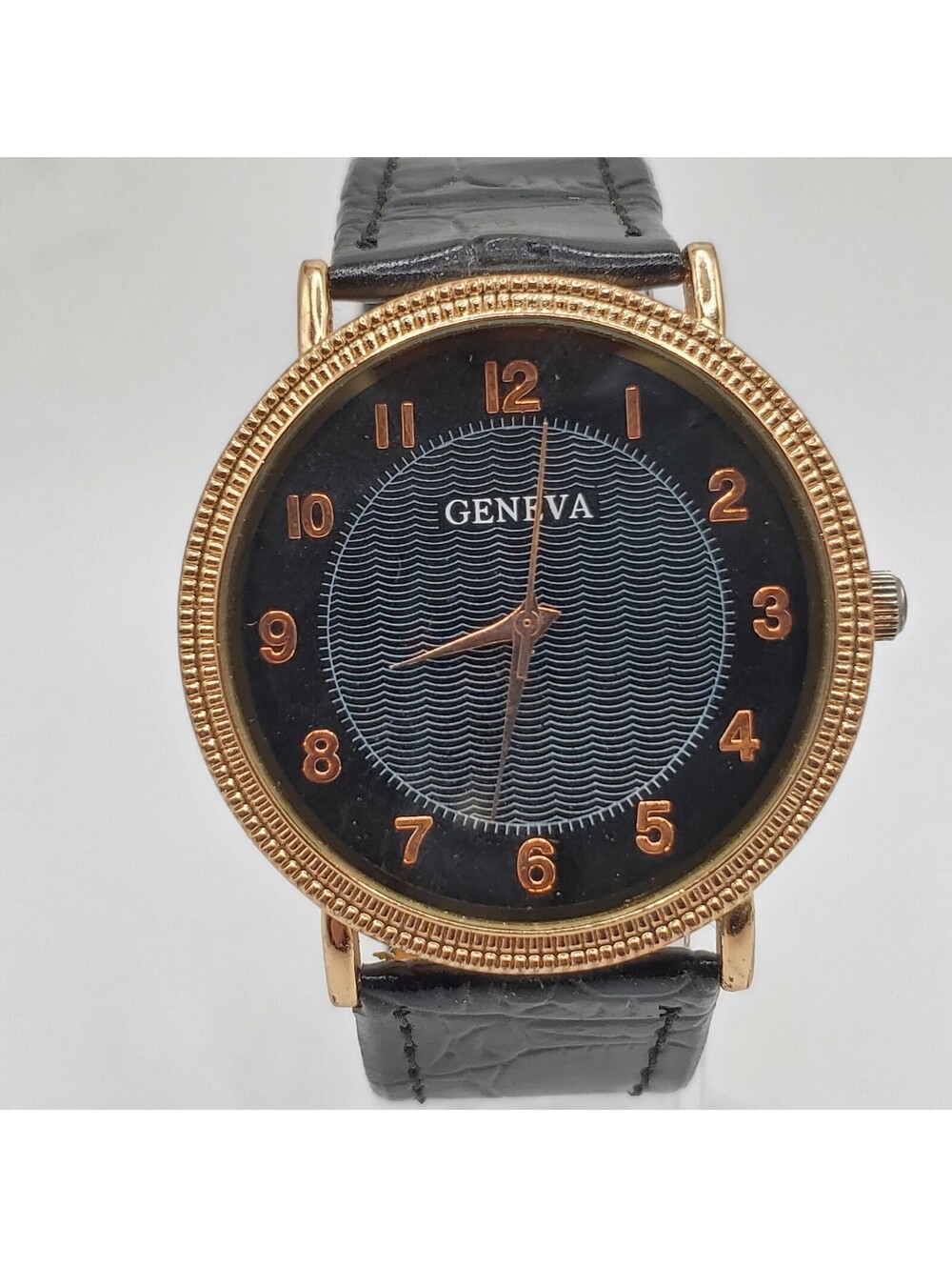 Geneva Quartz Watch 38mm Rose Gold Tone Black Leather Band New Battery